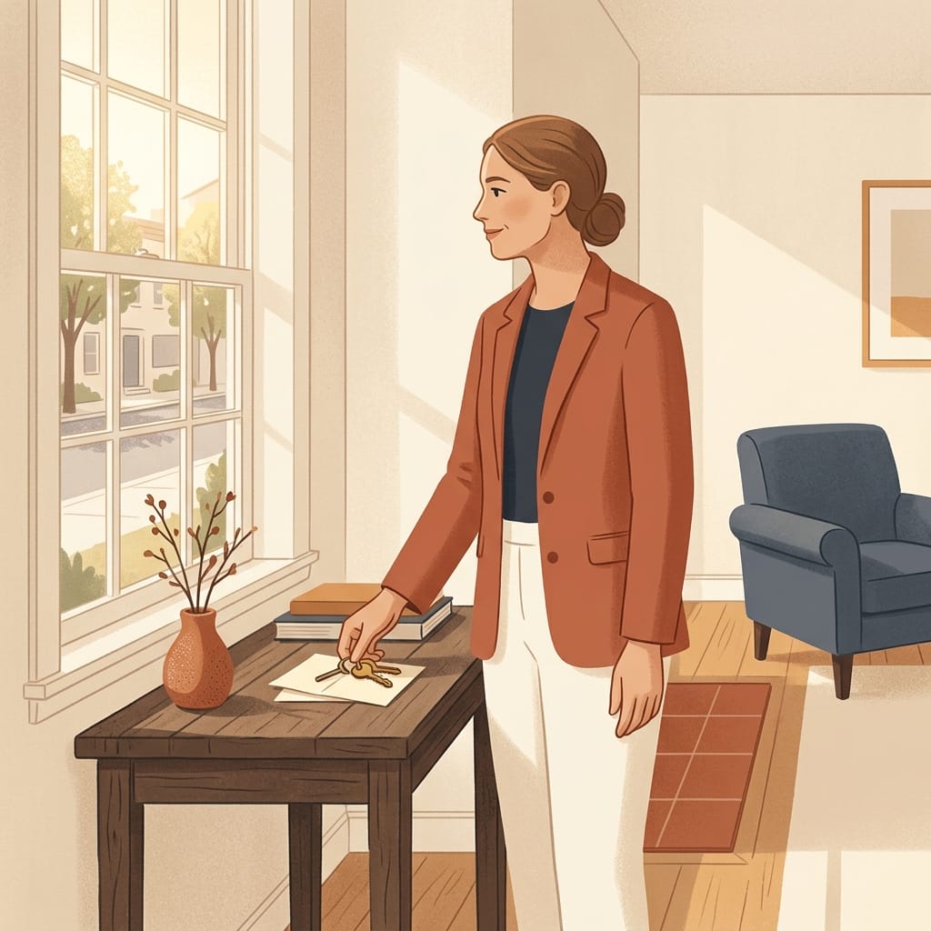 The same woman standing calm and clear by a sunlit window, ready to leave