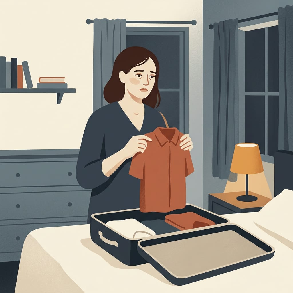 A woman pausing warily while packing a suitcase