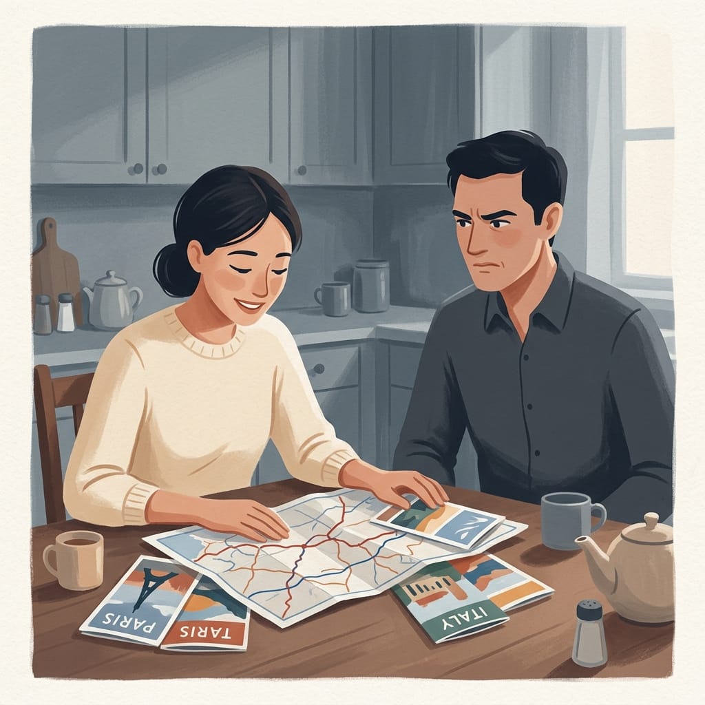 A woman relaxed over travel plans while her partner watches with jealousy
