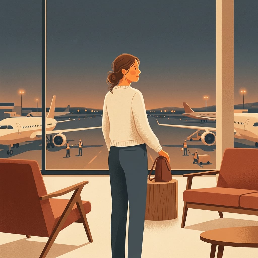 A woman by an airport window letting the worry go in warm light
