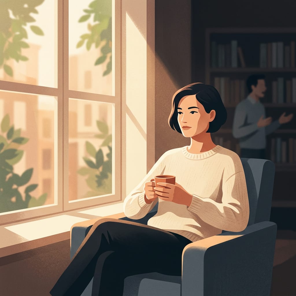 A woman relaxed by a sunlit window with coffee, calm and strong