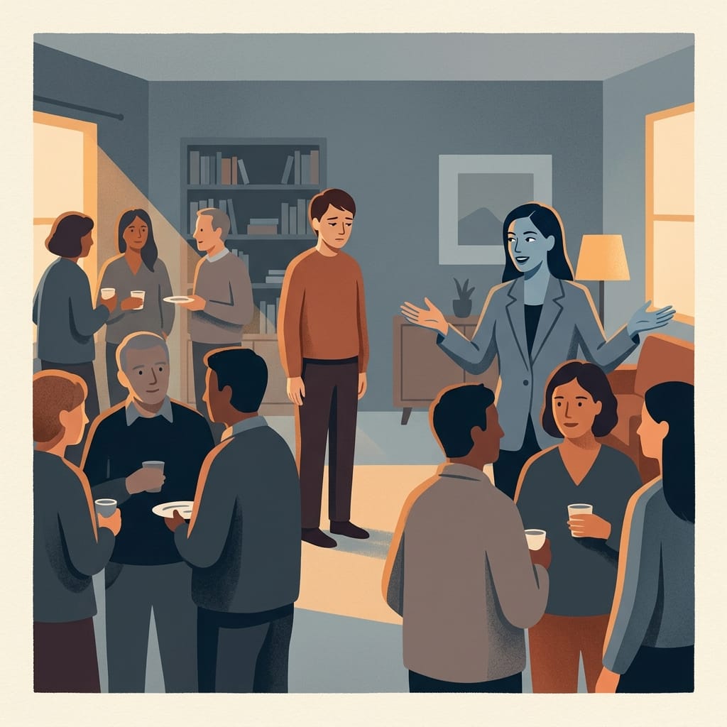 A survivor quietly reading an overly charming stranger at a gathering