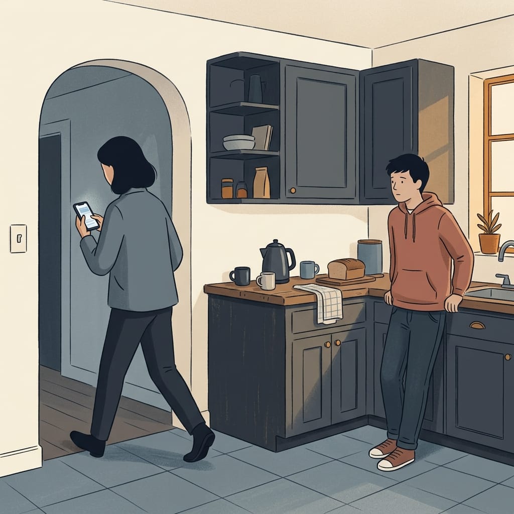 Parent walking away from a teenager in the kitchen