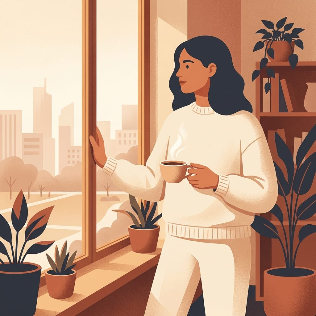Young adult standing calmly by a sunlit window