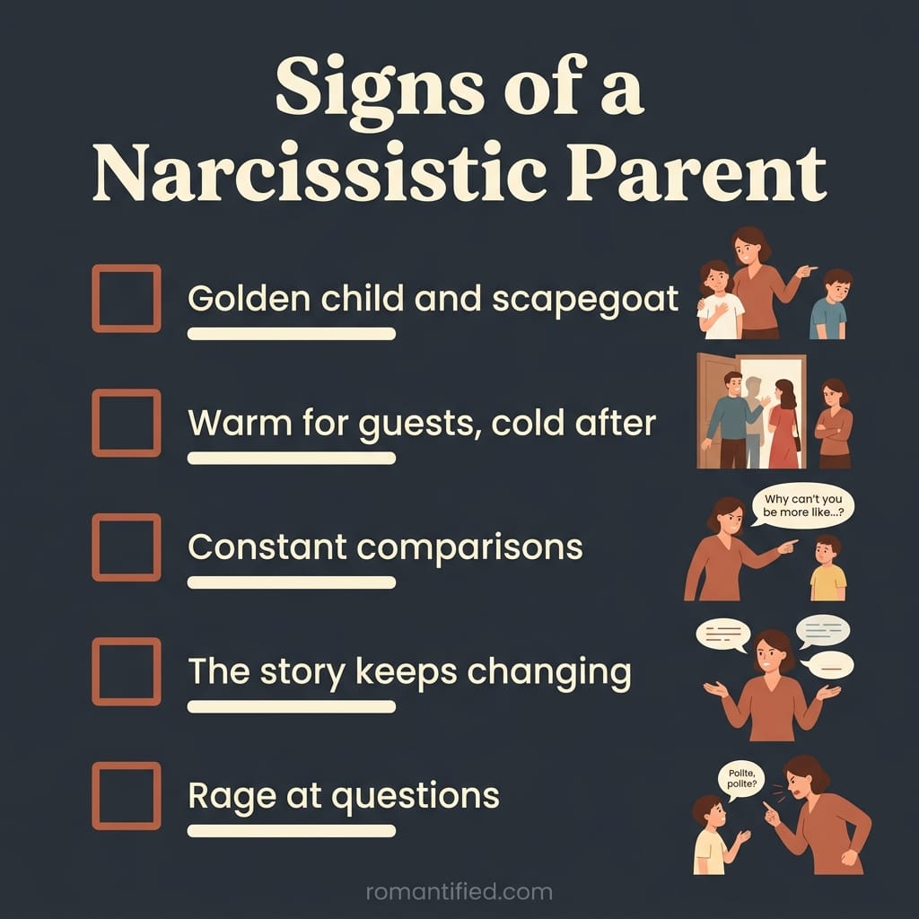 Checklist infographic of signs of a narcissistic parent.