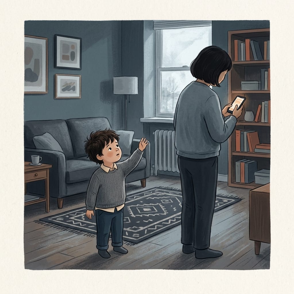 A small child looking up at a parent who is turned away and absorbed in their phone.
