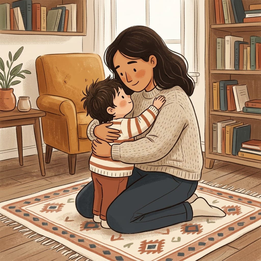 A warm, attentive parent kneeling to gather a young child into a reassuring hug.