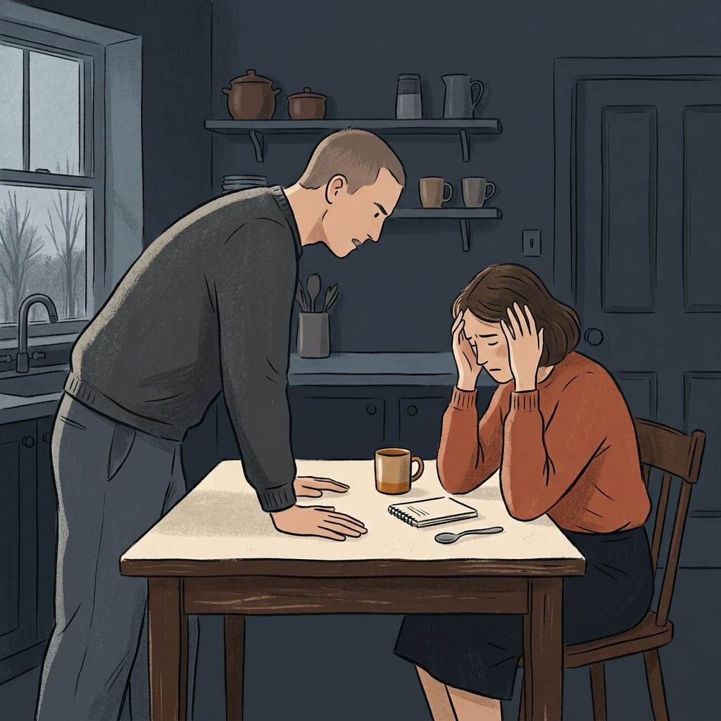 Man leaning over a table talking down at a distressed woman