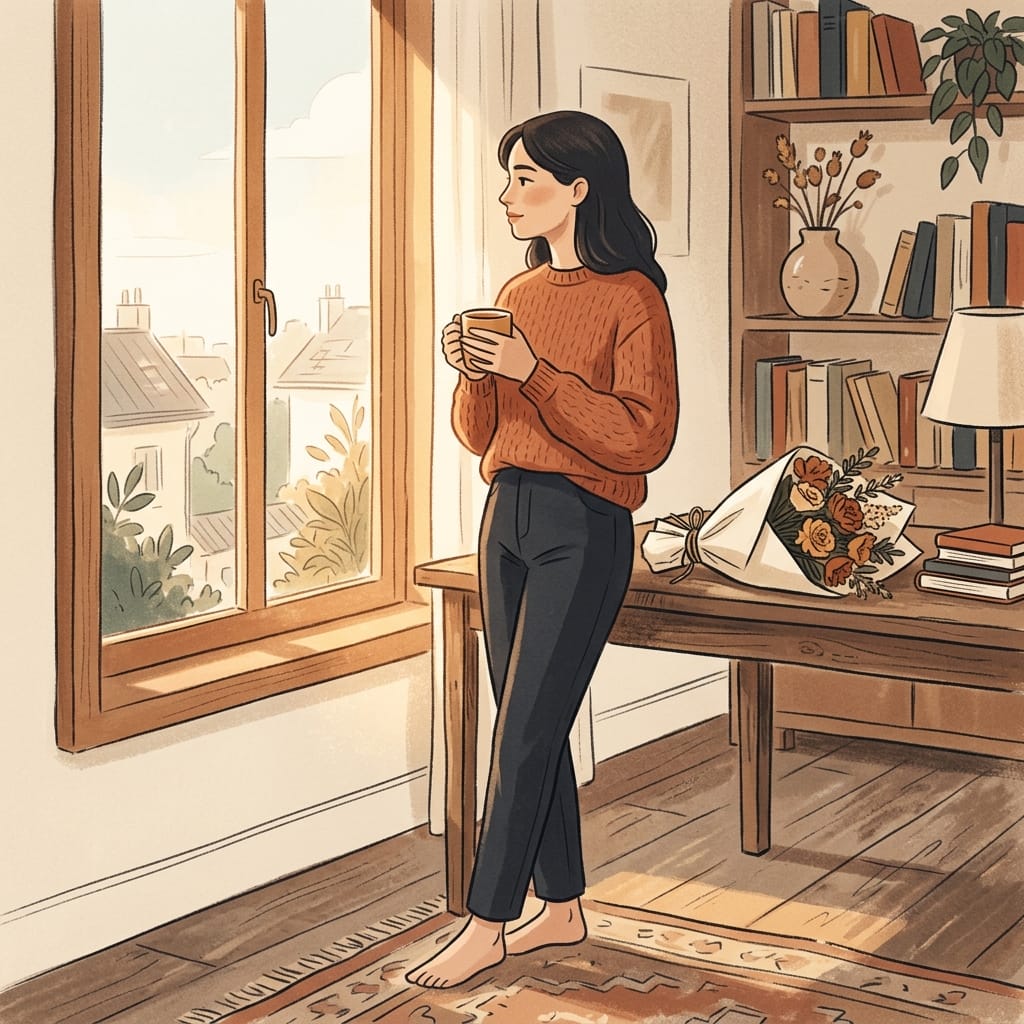 Woman calm with tea by a window ignoring an untouched bouquet