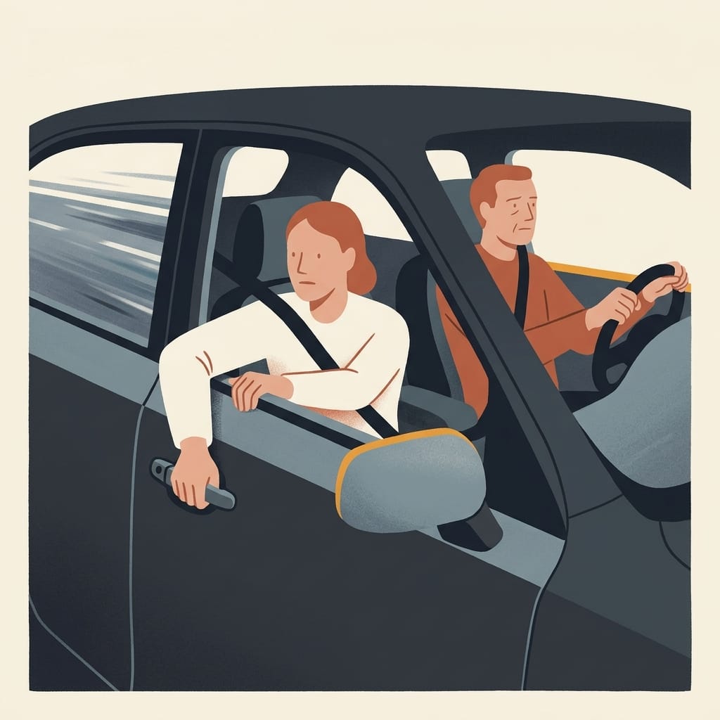 A tense couple in a car as the driver grips the wheel