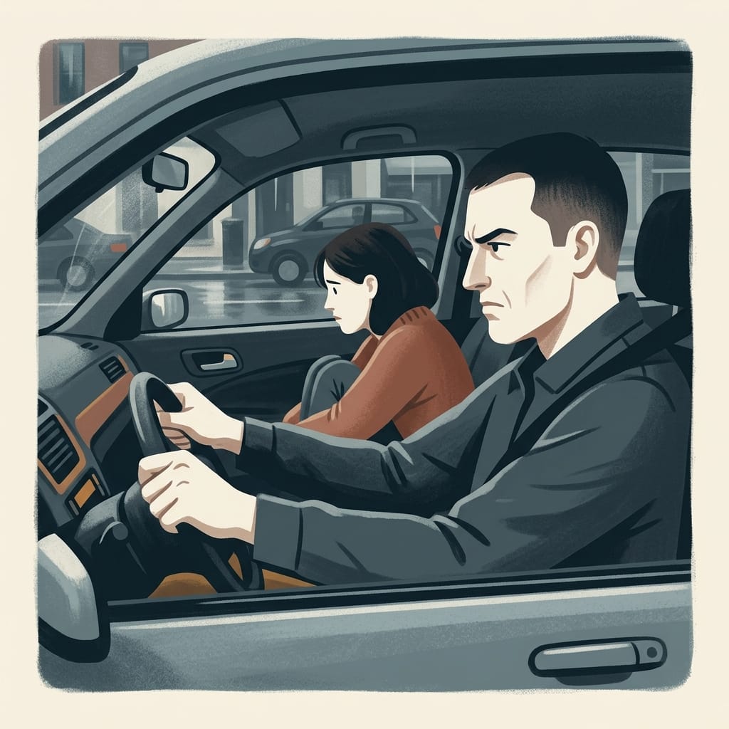 A narcissist driving fast while the passenger looks away upset