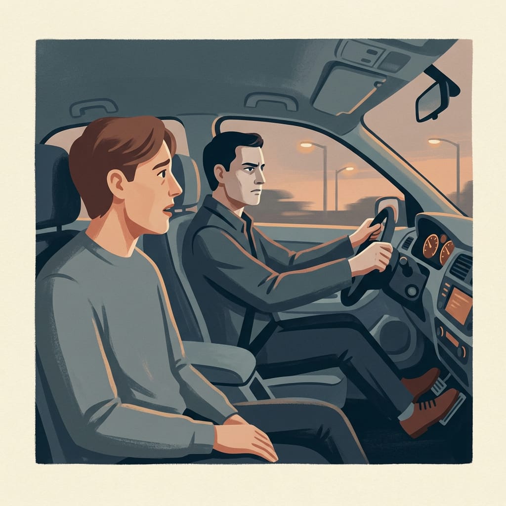 A passenger speaking up while the driver stares coldly at the road