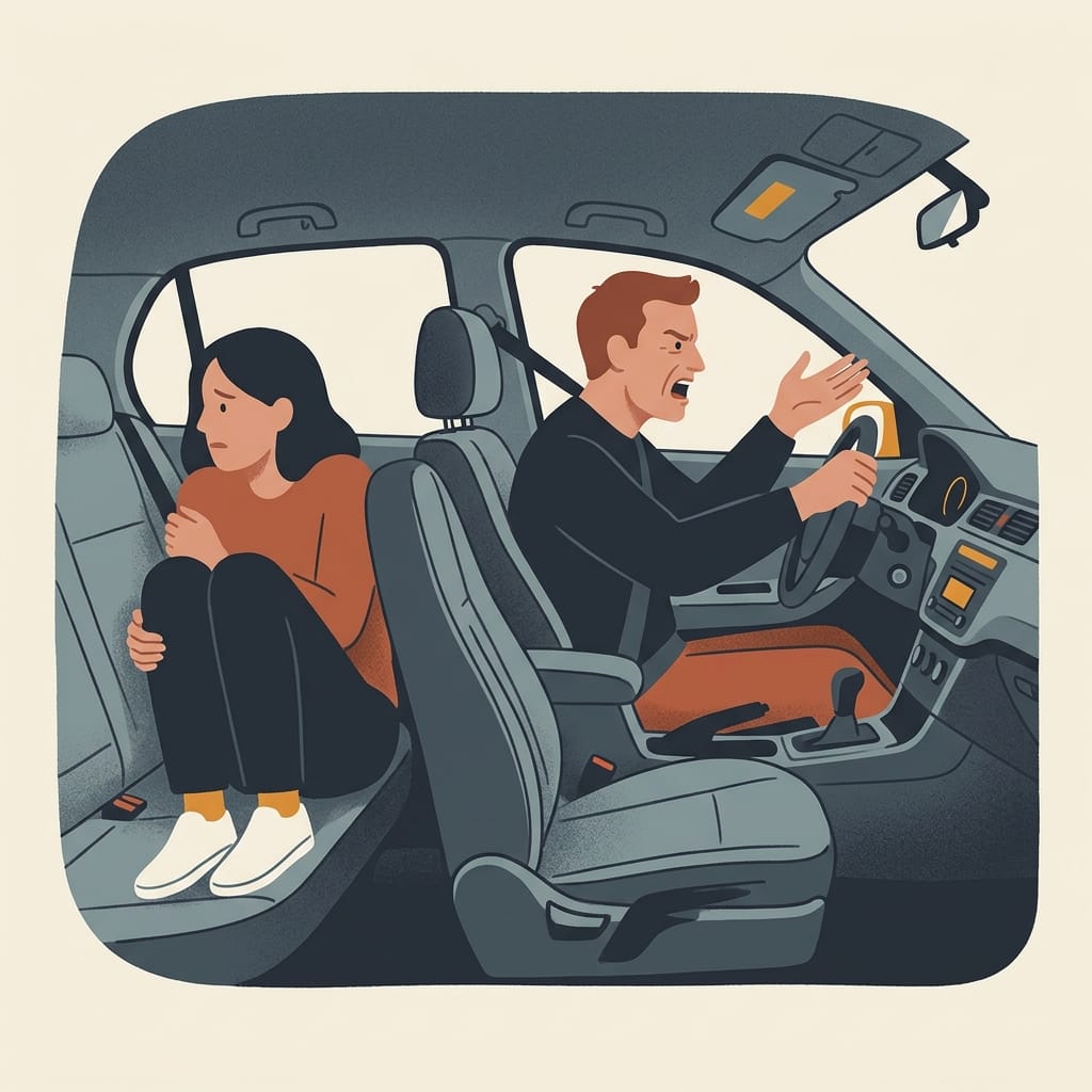 A furious driver at the wheel as the passenger sits frozen