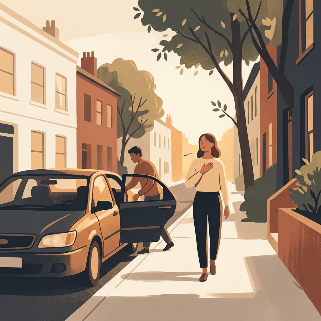 A woman stepping out of the car to steady herself in warm light