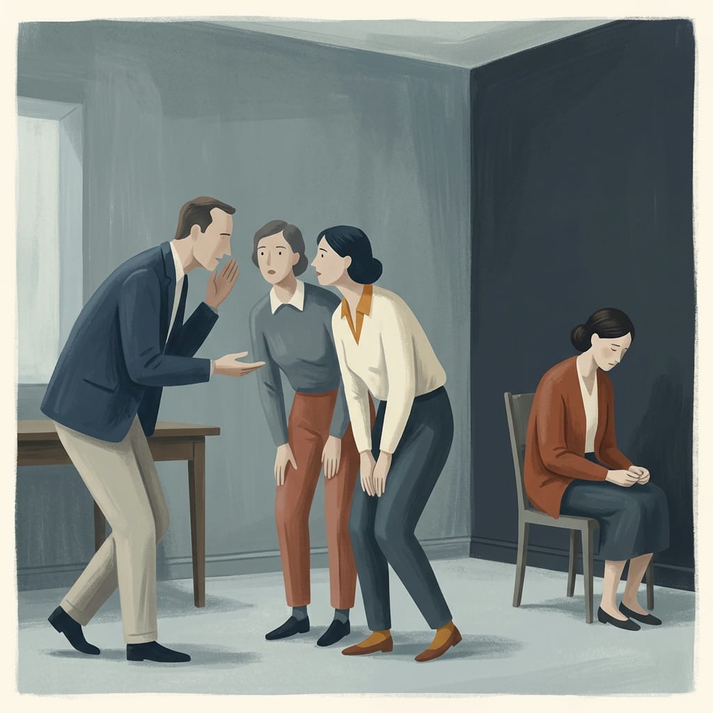 A narcissist spreading a story as a woman sits calmly apart