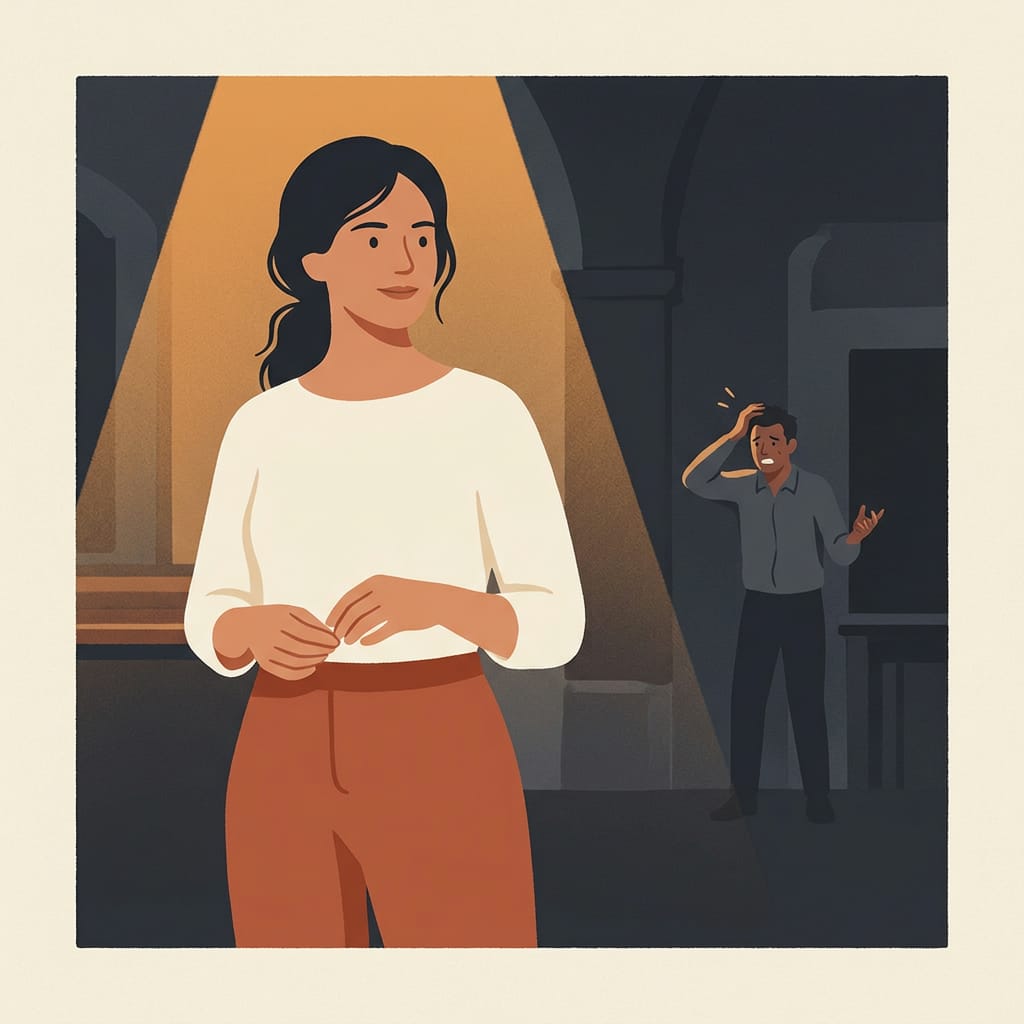 A woman standing calm and vindicated in warm light
