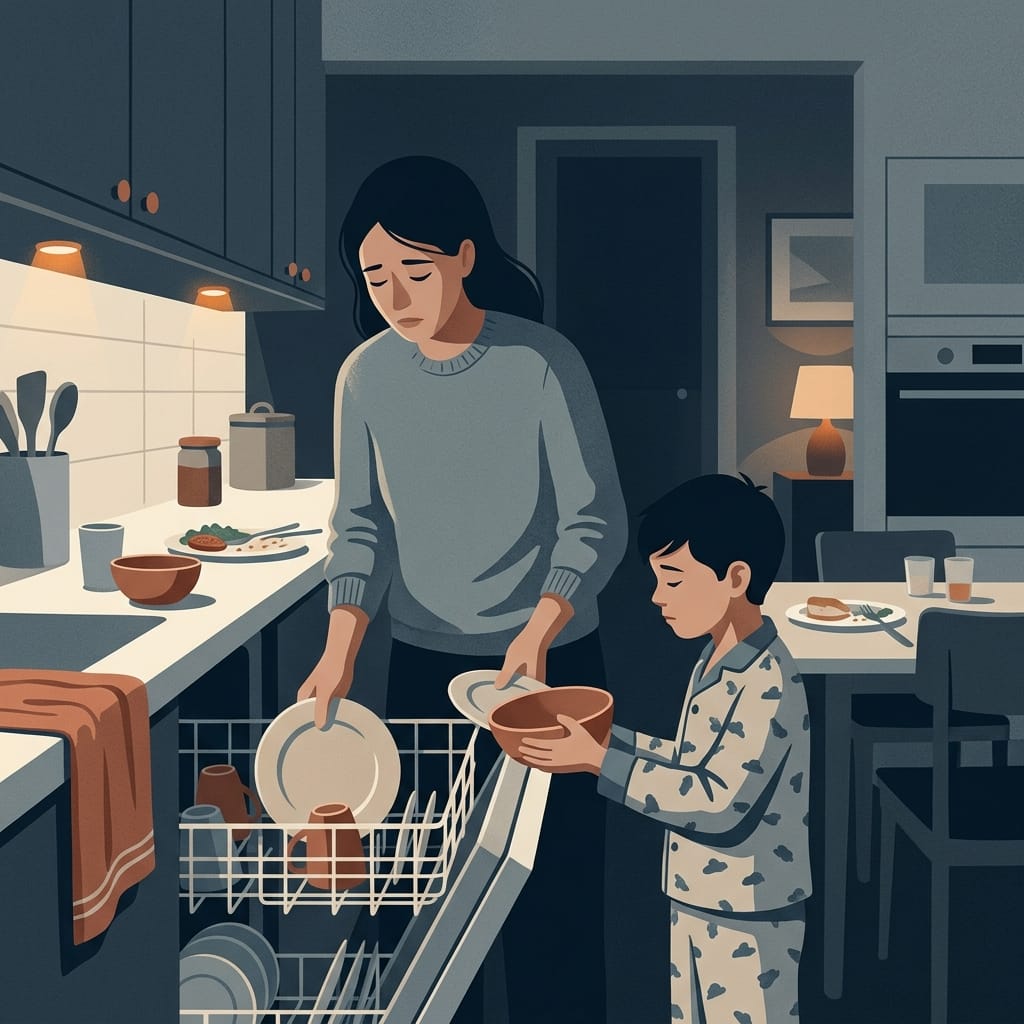 A tired parent and child moving through an ordinary evening