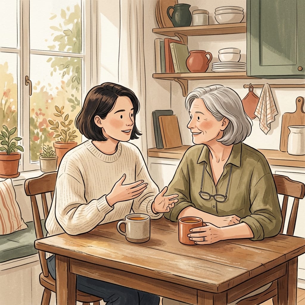 A grown child and parent finally talking openly in warm light